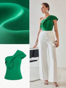 MOTF PREMIUM SOLID ONE SHOULDER BIG BOW DETAIL BLOUSE - Green - View 1