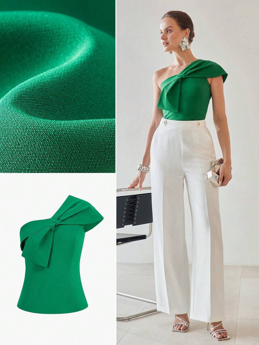 MOTF PREMIUM SOLID ONE SHOULDER BIG BOW DETAIL BLOUSE - Green - View 1