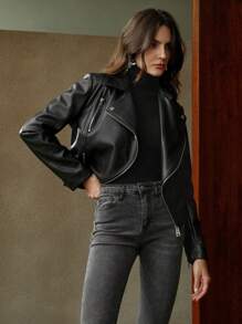 Anewsta Black PU Leather Motorcycle Jacket, Open Front, Modern Urban Style For Women - Black - View 1