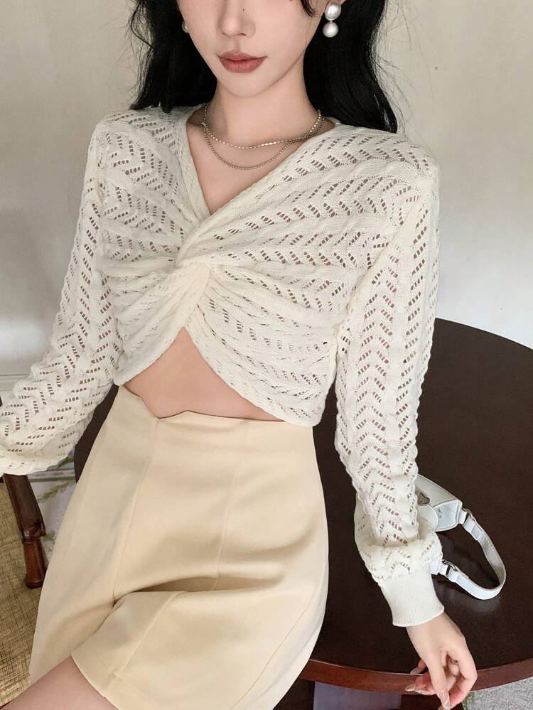 Women's Solid Color Hollow Out V-Neck Twist Knit Sweater,Fall Women Clothes Crop Women Tops