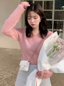 DAZY Women Round Neck Lightweight Sweater Fall - Pink - View 8