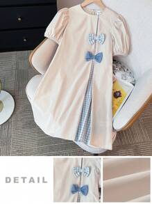 SHEIN 青少年女孩宽松休闲圆领泡泡袖撞色蝴蝶结装饰连衣裙 - 杏色 - 查看 4