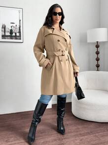 SHEIN Essnce 大码女式秋冬休闲宽松卡其色长袖中长风衣、女士外套、秋季女装、冬季外套、老款、秋季女装、风衣女大衣、长外套、返校节、早午餐女装、服装 - 卡其色 - 查看 4