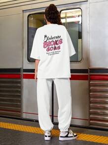 Streetz SHEIN Sport Bộ 2 món nữ mùa hè in chữ trễ vai và quần ống rộng - trắng - Xem 4