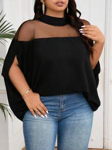 SHEIN CURVE+ Plus Size Mùa Hè Cổ Đứng Thanh Lịch Lưới Chèn Áo Cánh Dơi - màu đen - Xem 4