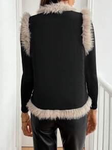 EMERY ROSE Women's Autumn/Winter Clothes Fashion Plush Patchwork Floral Embroidery Vest Padded Padded Coat - Black - View 2