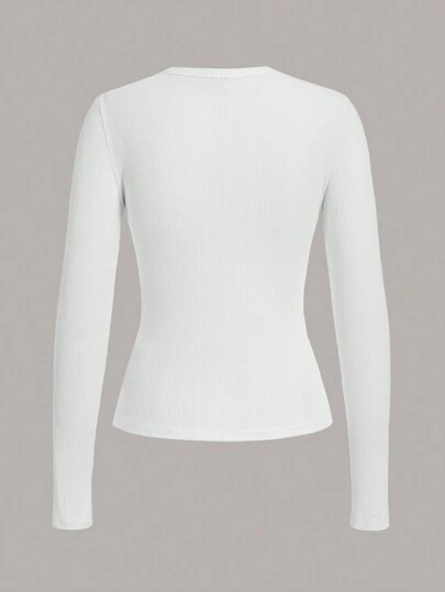SHEIN BASICS Women Casual Solid Color Knitted Crew Neck Long Sleeve Regular Fit T-Shirt
