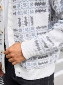 Manfinity Homme Men's Geometric Pattern Long Sleeve Loose Open Cardigan, Autumn/Winter - Khaki - View 2