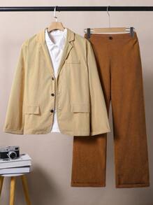 SHEIN 2pcs Teenager Boys Formal Party Corduroy Patchwork Loose Suit Jacket And Corduroy Pants Casual Outfit - Khaki - View 1