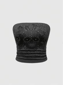 ROMWE Dark Goth Skull Rose Elements Dip Dye Áo quây dành cho nữ có trang trí bằng kim cương giả - Xám - Xem 1