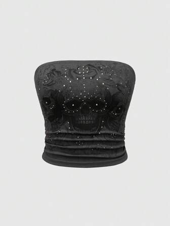 Goth Top senza spalline donna con elementi di teschi gotici scuri e rose tinti con decorazioni di strass
