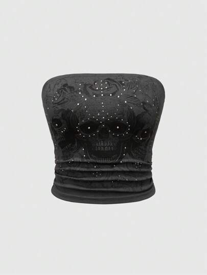 Goth Top senza spalline donna con elementi di teschi gotici scuri e rose tinti con decorazioni di strass