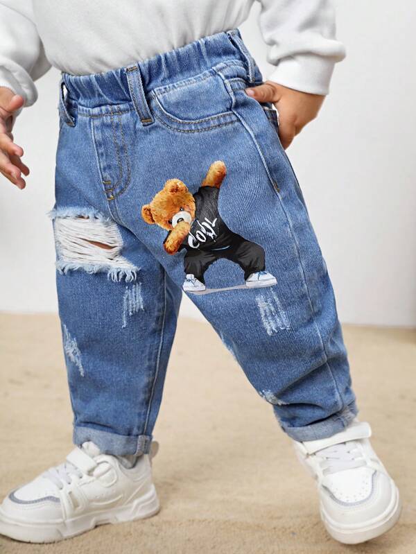 SHEIN Baby Jungen Lässige, weiche, niedliche Denim mit Bären Muster und ausgefranstem Look in Tapered Passform, Bekleidung für Baby Jungen im Herbst