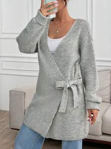 SHEIN Cottnline Wrapped Brush Yarn Cardigan - Grey - View 2