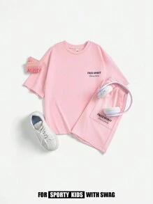 SHEIN Tween Girls' Loose Casual Sports Round Neck Short Sleeve T-Shirt And Shorts Set With Letter Print - Pink - View 4