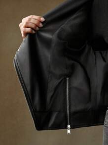 Anewsta Black PU Leather Motorcycle Jacket, Open Front, Modern Urban Style For Women - Black - View 7