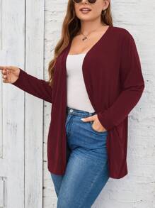 SHEIN LUNE Plus Size Solid Color Long Sleeve Cardigan, Casual Daily Wear Winter Fall Autumn - Burgundy - View 3