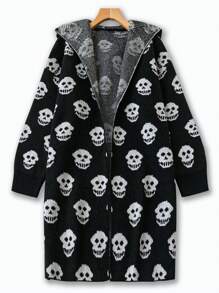 Flirla Plus Size Women Skull Pattern Long Sleeve Hooded Casual Cardigan For Autumn And Winter - Black and White - View 6