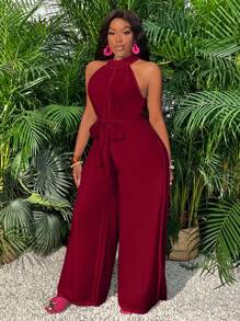 Slaydiva Vacation High-Neck Split Harem Jumpsuit With Pockets - E Burgundy Jumpsuitred Jumpsuit Womenholiday Jumpsuitred Jumpsuit