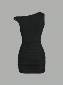 Sweetra 不对称单肩性感紧身黑色迷你连衣裙 - 黑色 - 查看 2