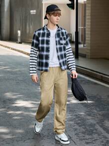 SHEIN Teenager Jungen 2-teiliges Set aus kariertem & gestreiftem Patchwork Top mit Knöpfen und Jogginghose mit Kordelzug