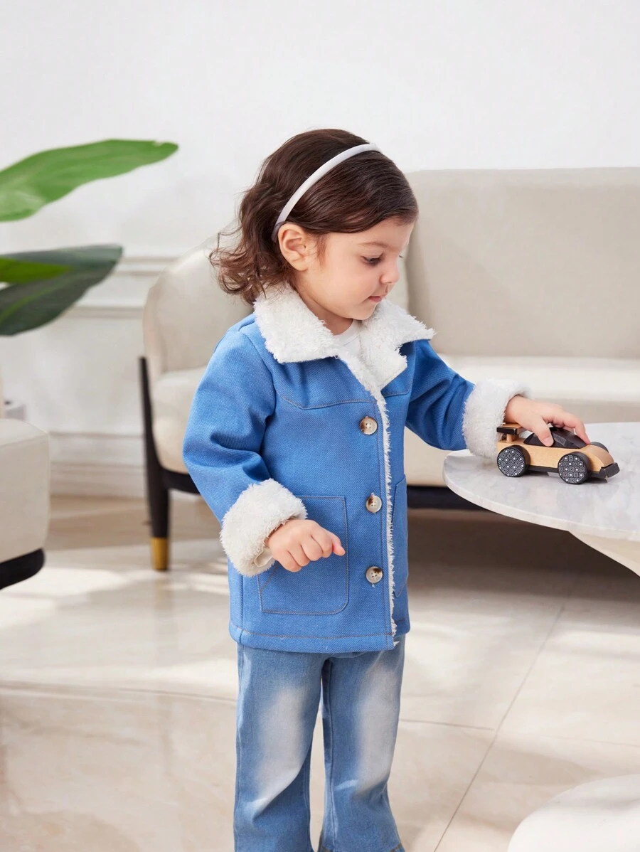 3pcs Baby Girls Thickened Sherpa Lined Denim Jacket, Undershirt And Flared Pants Set - Blue - View 1