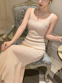 DAZY 无袖纯色美人鱼裙，夏季，荷叶边女士毛衣裙舞会礼服 - 杏色 - 查看 3