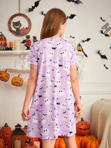 SHEIN Tween Girl Cute Cartoon Pattern Short Sleeve Halloween Theme Flame Retardant Nightgown, Sibling Outfits Matching Outfits (2 Pieces Are Sold Separately)