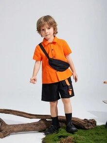SHEIN 3 chiếc Áo sơ mi cổ bẻ tay ngắn thoải mái, thời trang, đơn giản, thiết thực, đa năng, thoáng khí, ngắn tay, quần short đen có túi tiện ích và bộ túi đeo chéo, thích hợp mặc hàng ngày, đi học, du lịch, thể thao, xuân hè - trái cam - Xem 3