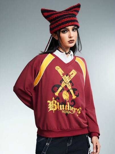 Harry Potter | ROMWE Sudadera holgada para mujer con logo, impresión de béisbol y letras, y ribete contrastante