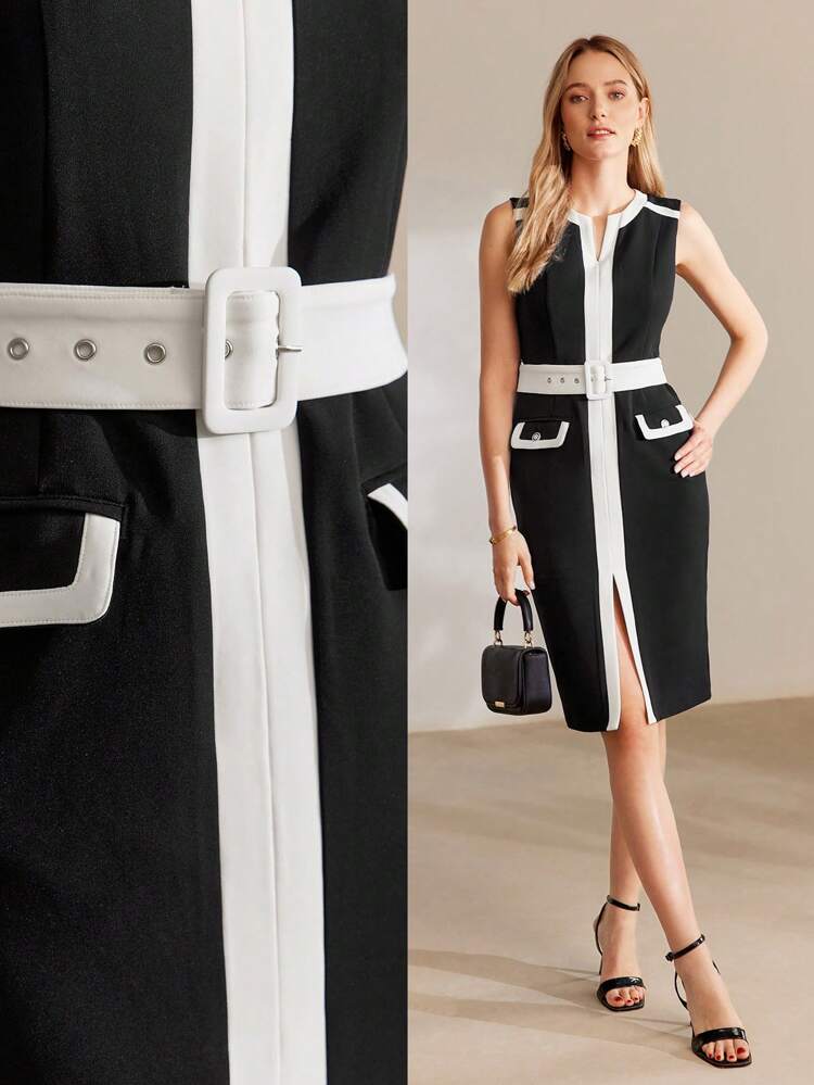 CONTRAST PIPING SPLIT HEM FITTED DRESS
