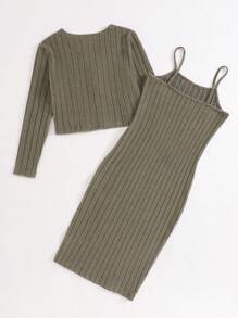 Tween Girl Basic Casual Knit Solid Cardigan And Cami Dress Set - Army Green - View 2
