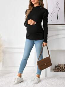 SHEIN Maternity Gigot Sleeve Button Detail Top - Black - View 4