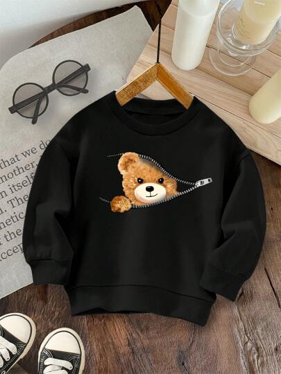 SHEIN Süßer Bär, Jungen Lässig Minimalistisches Cartoon Bär Muster Gestrickter Weicher Rundhals Sweatshirt, Geeignet für Herbst & Winter