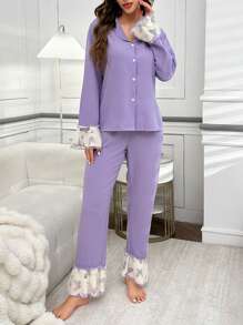 Women's Butterfly Print Ruffle Splice Lapel Top And Pants Pajama Set