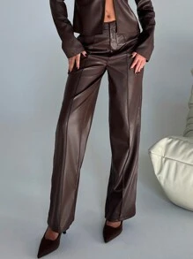 Aloruh 女士商务休闲开叉直筒 PU 皮裤 - 棕色 - 查看 4