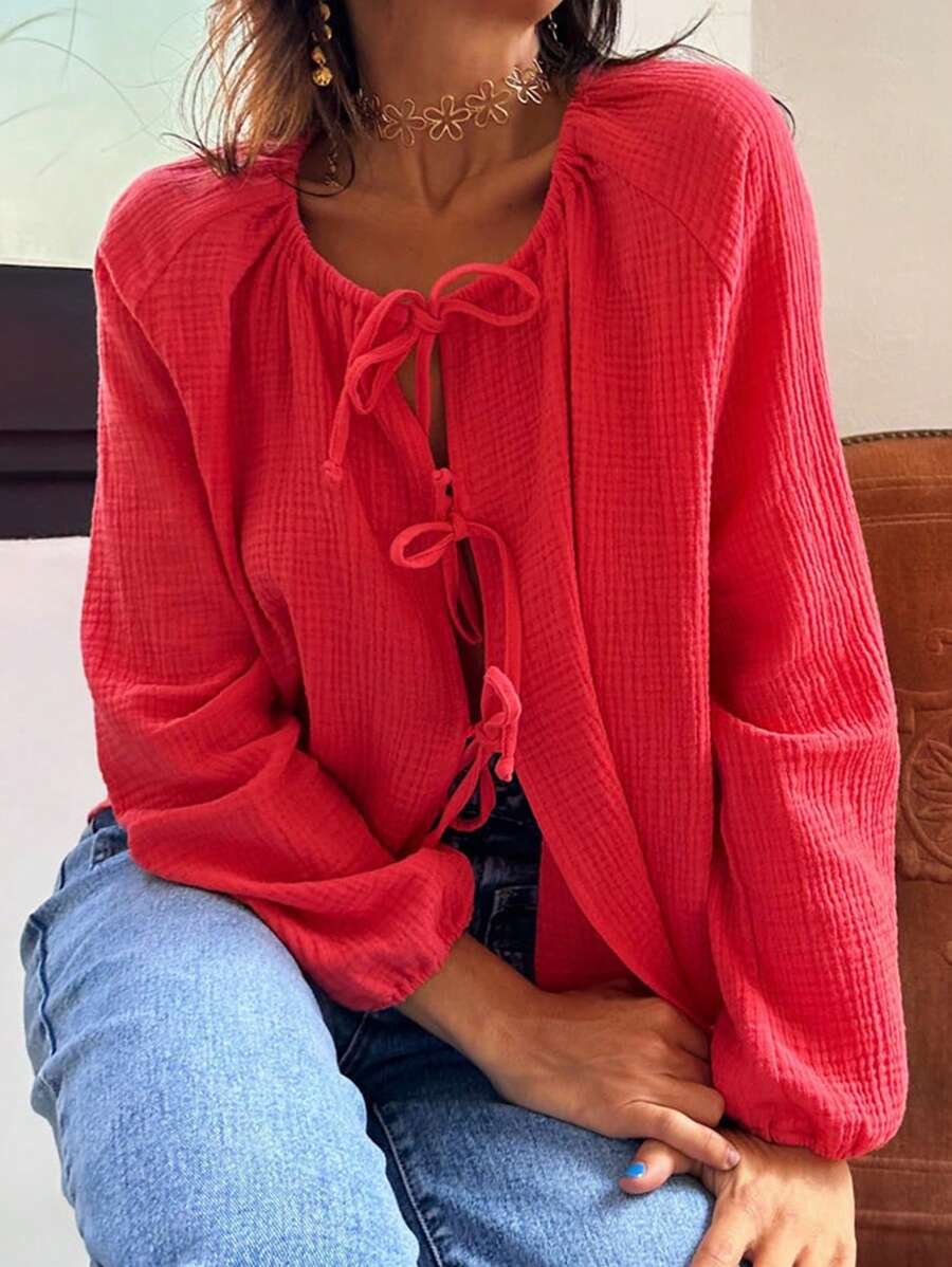 INAWLY Women's Solid Color Minimalist Casual Long Sleeve Shirt With Drawstring Fall Cloth For Women - Red - View 1