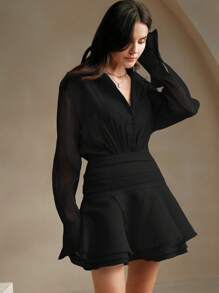 Anewsta Women V-Neck Long Sleeve Loose Fit Ruffles Casual Shirt Dress With Waist Cinching, Mini Dress Organza Women Outfit - Black - View 4