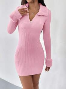 SHEIN EZwear 粉色人造毛领和袖口拼接前开长袖针织毛衣连衣裙，秋冬 - 粉色 - 查看 5