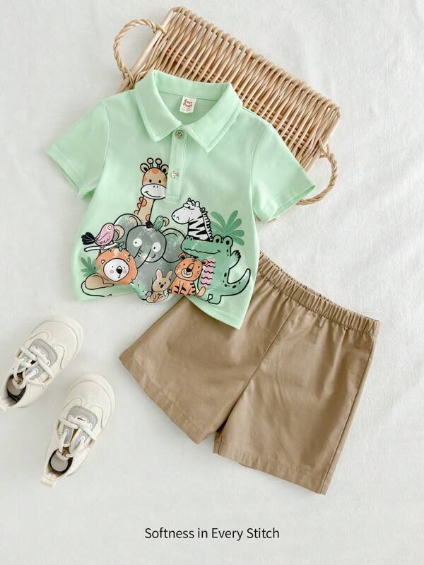 Cozy Pixies 2pcs/Set Baby Boy Cartoon Animal Print Polo Shirt & Casual Shorts Set
