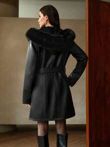 Anewsta 秋冬新款狐狸毛领拼接蓬蓬外套女中长款简约优雅大衣