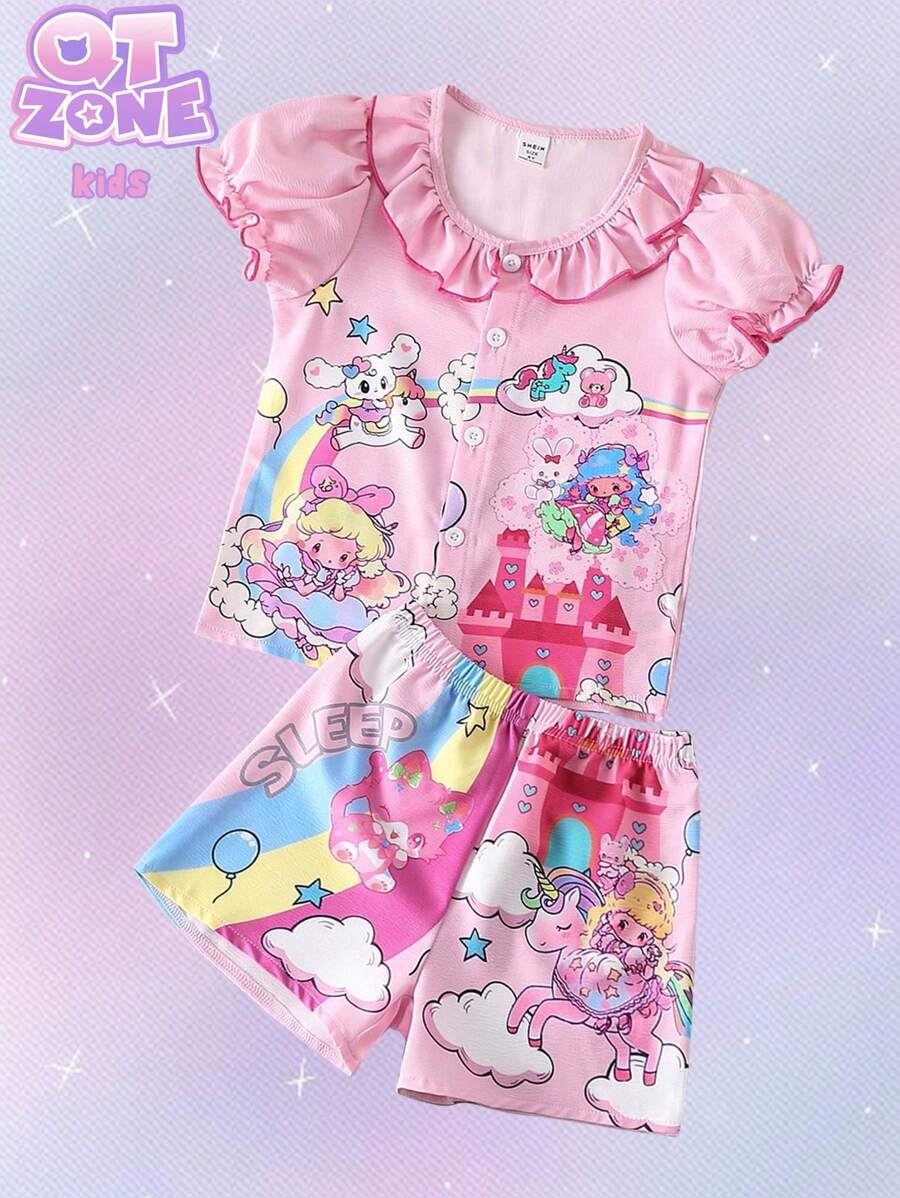 2pcs Girls' Simple Colorful Cartoon Printed Short Sleeve Casual Loose Shorts Home Wear Set - Pink - View 1