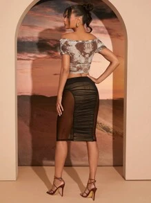 SHEIN Unity Mesh Skirt With Nude Lining In Center And Sheer Side Panels - Black - View 2