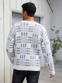 Manfinity Homme Men's Geometric Pattern Long Sleeve Loose Open Cardigan, Autumn/Winter - Khaki - View 3