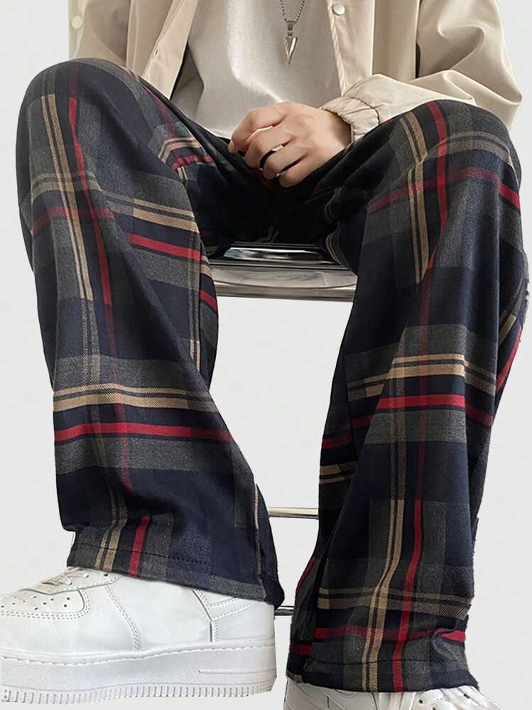 ROMWE MEN Academia Pantalones holgados con estampado de cuadros y cordón en la cintura para hombres, para la escuela, para el otoño - Multicolor - Añade 4