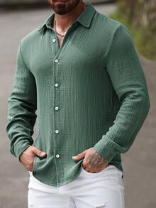 Manfinity Homme Chemise décontractée à manches longues, simple couleur, à simple boutonnage, pour homme - Vert - Voir 4
