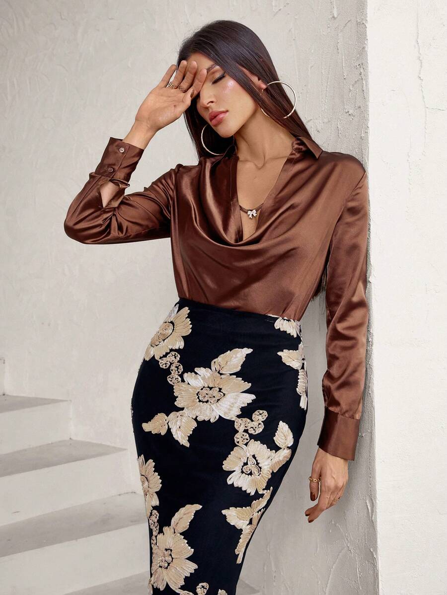 SHEIN Privé Vintage Style Casual Satin Draped Neck Long Sleeve Shirt Fall Cloth For Women - Brown - View 1