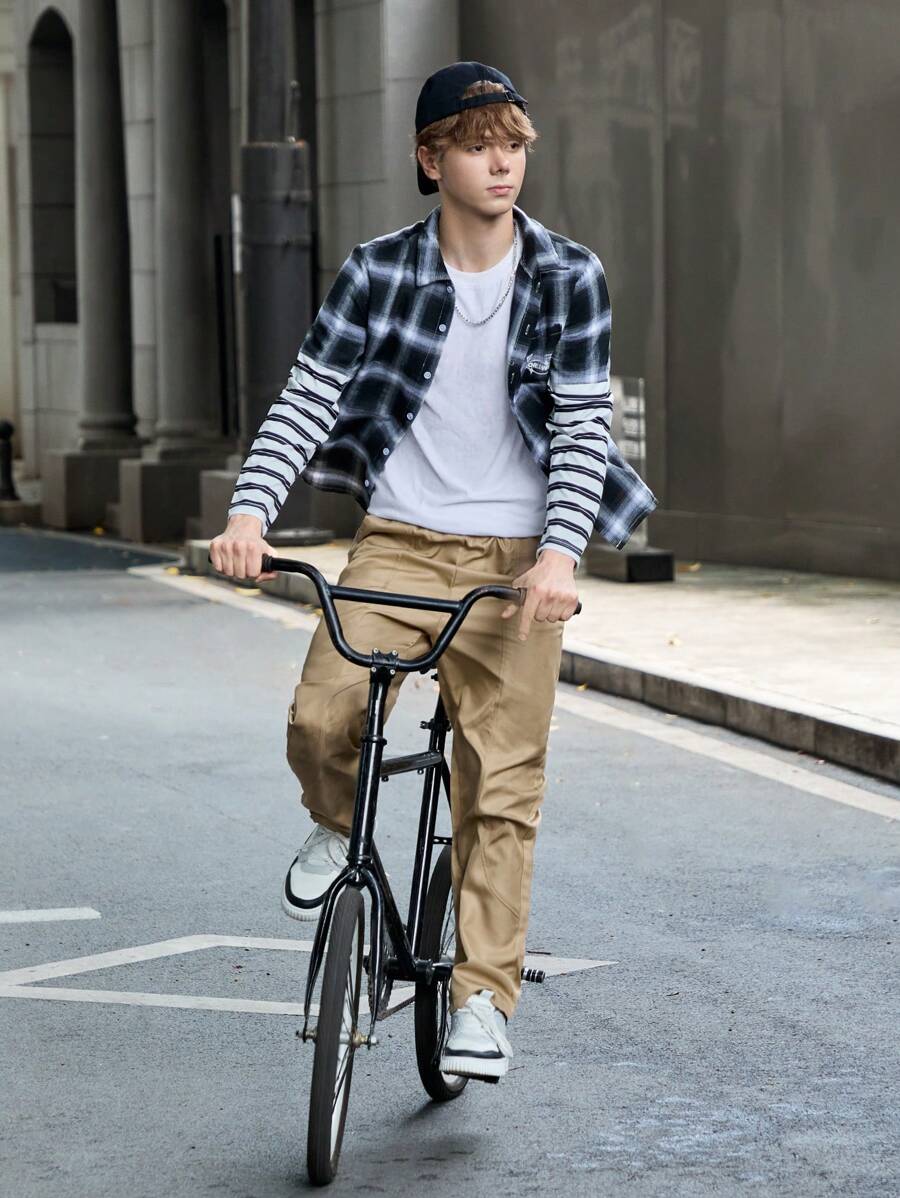 SHEIN Teenager Jungen 2-teiliges Set aus kariertem & gestreiftem Patchwork Top mit Knöpfen und Jogginghose mit Kordelzug