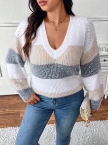 SHEIN Frenchy Plus Size Colorful Striped Fluffy V-Neck Comfortable Soft Pullover Sweater For Back To School Season, For Winter - Multicolor - View 5