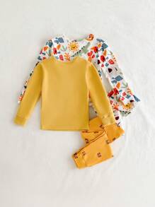 Cozy Pixies 4pcs Cartoon Lion, Tiger, Leopard Pattern Knit Soft Crew Neck Long Sleeve Top And Long Pants Baby Boy Snug Fit Pajama Set Graphic - Yellow - View 2